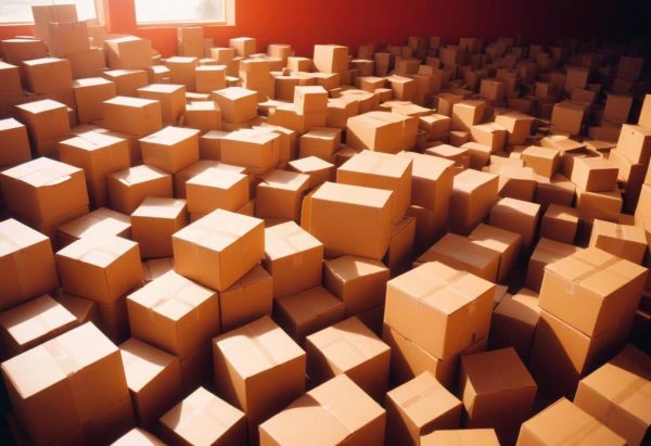 A multitude of boxes stacked on top of each other ready to be taken to their destination.